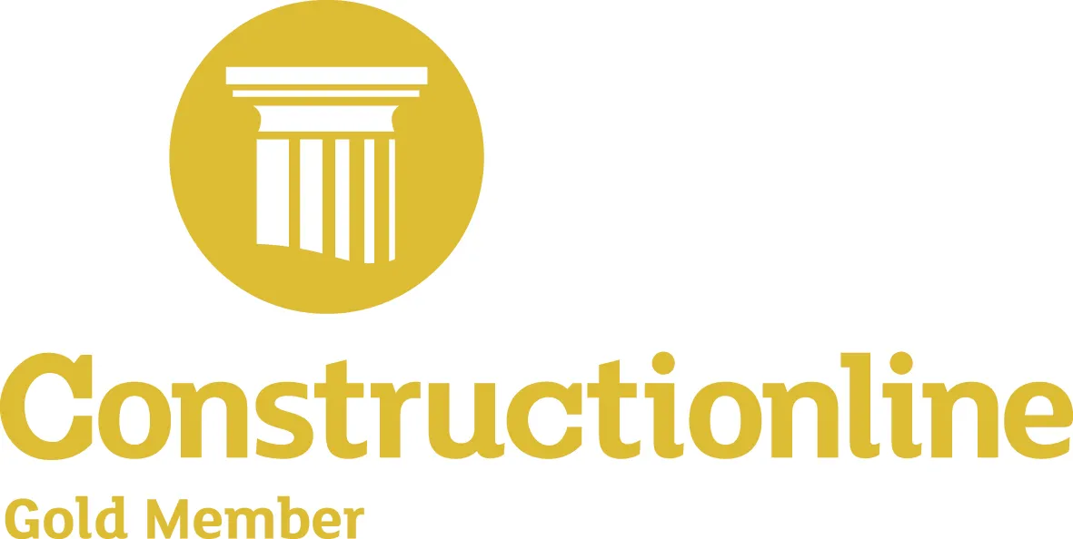 A yellow and white logo with the words constructionline gold member.